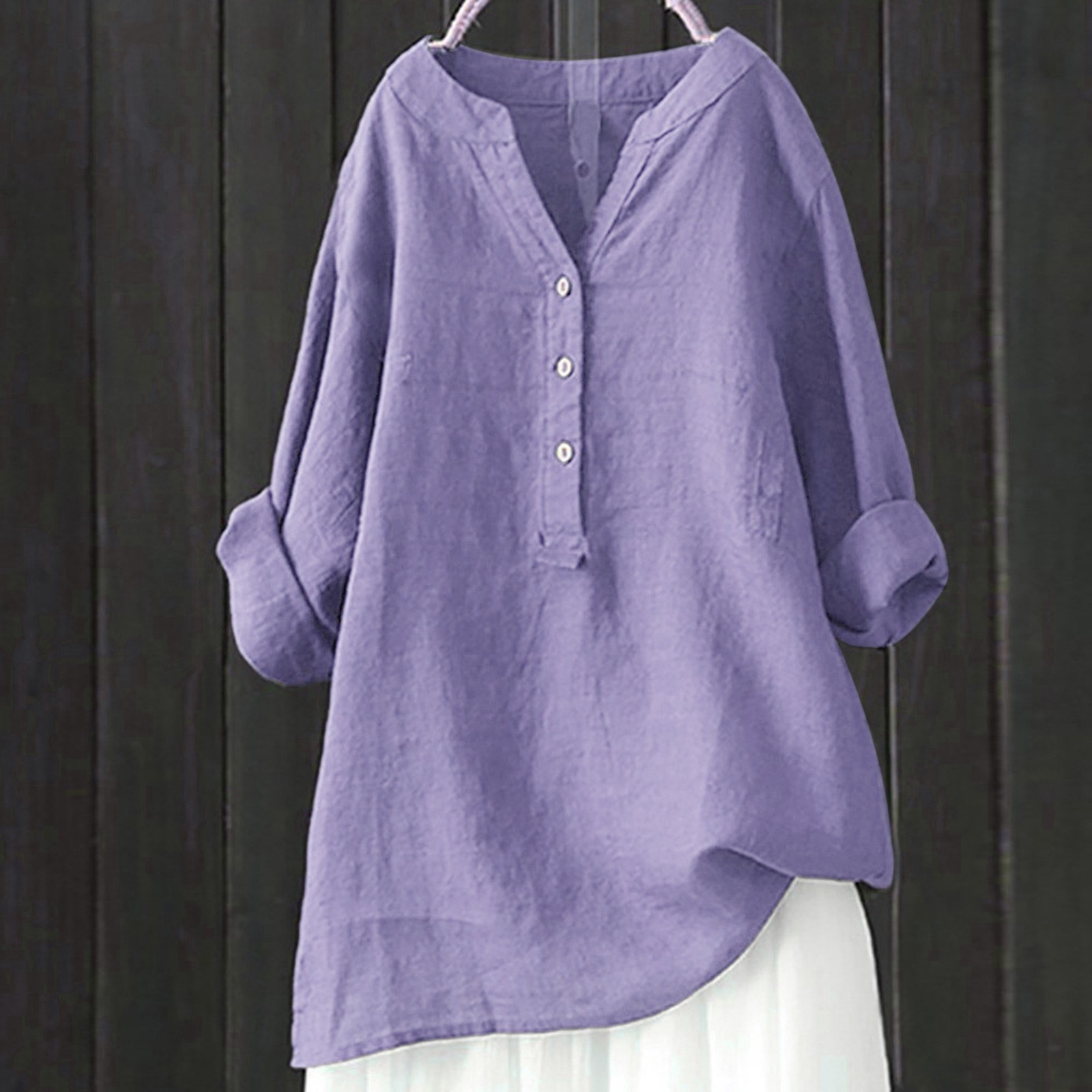 thumbnail image 4 of Vestido camisero largo para mujer tallas grandes - Color liso, corte holgado, manga larga, diseño con botones en la espalda, prenda informal para todas las estaciones, tallas S-XXXXXL, 4 of 5
